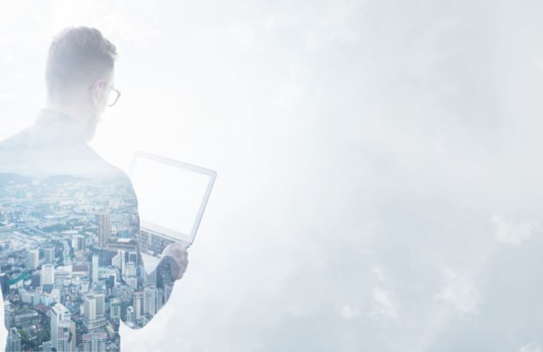 Stylized picture of man at laptop among clouds to illustrate the concept of doing digital in the weirdest economy ever