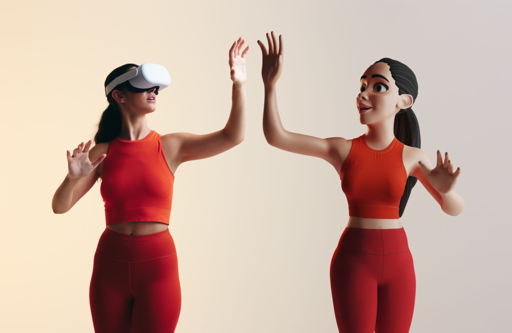 Image of woman interacting with her virtual reality avatar to represent the concept of the future of the metaverse