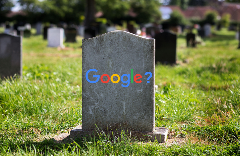 Photo of gravestone with text "Google?" to illustrate the concept of the potential end of Google