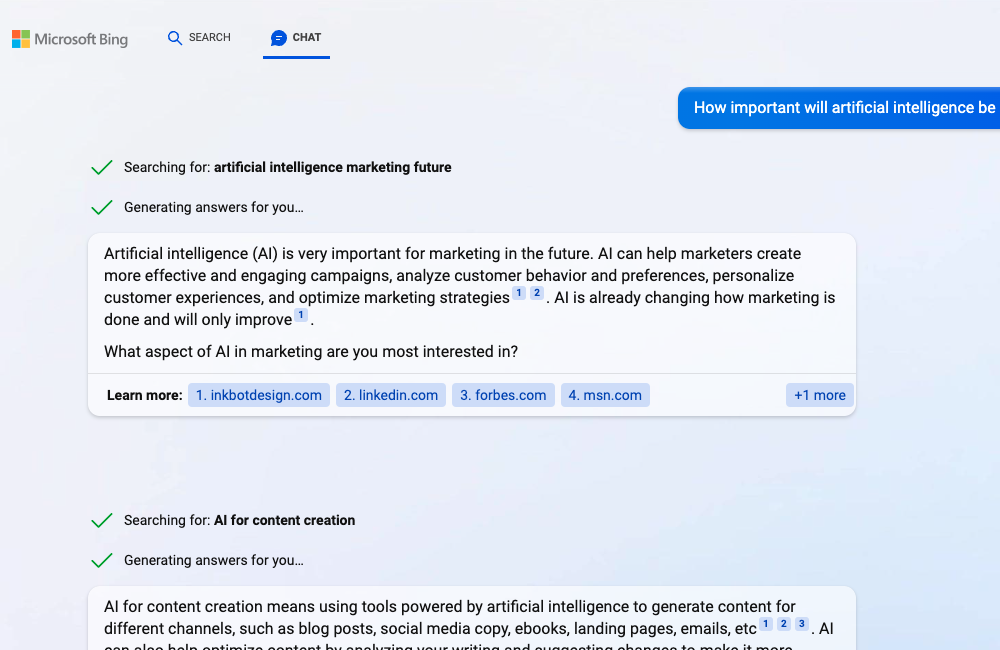 Screenshot of Bing Chat demonstrating the trend of AI in marketing. The quality of the response shows why it's still the early innings.