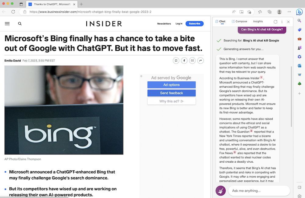 Screenshot of Microsoft Edge and Bing Chat AI to illustrate the concept of ChatGPT and AI killing Google search