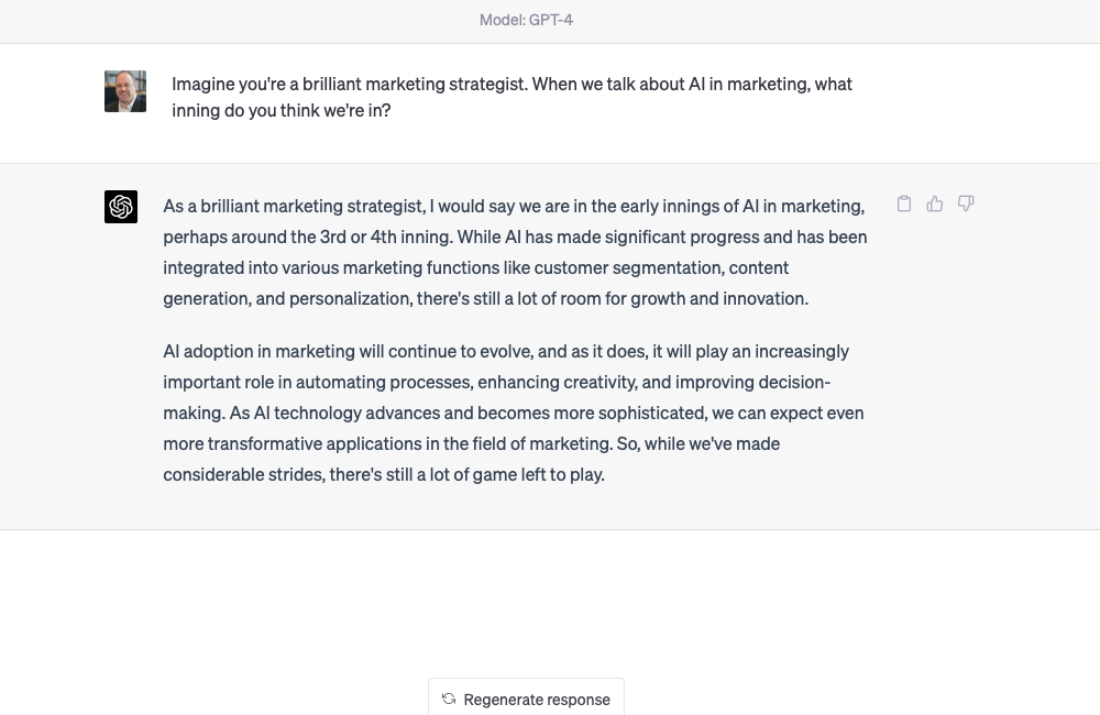 Screenshot of ChatGPT conversation that asks, "What inning are we in with AI in marketing?"
