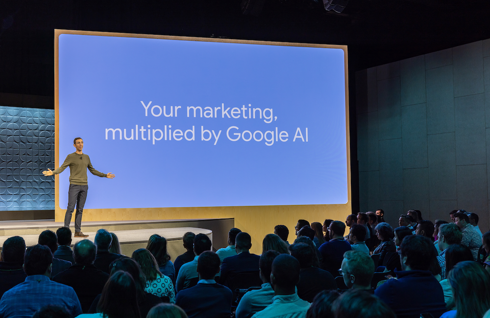 Google executive onstage at Marketing Live 2023 talking about artificial intelligence in marketing