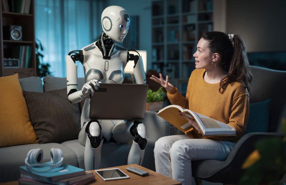 Robot and woman engaging in discussion to illustrate the idea of building a human-centered brand in the age of AI
