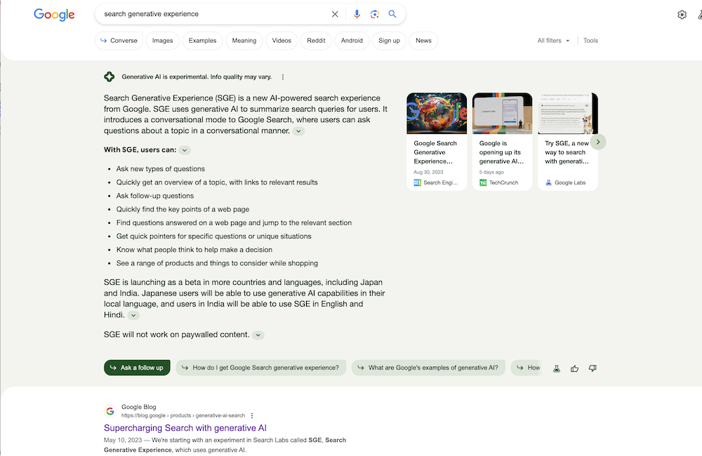 Screenshot of Google's Search Generative Experience to illustrate the idea of search marketing in the age of AI