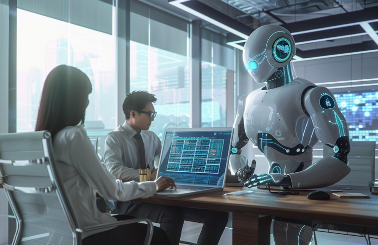 Photorealistic image generated by MidJourney showing people in an office interacting with a humanoid robot to illustrate the concept of marketing teams using AI