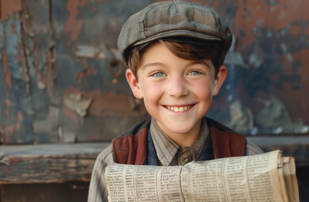 Photorealistic image generated by MidJourney of a 1940s newsboy to celebrate the anniversary of TPA
