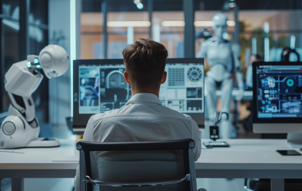 Picture of young worker tutored by robot to demonstrate the question: Will AI make marketers dumber?
