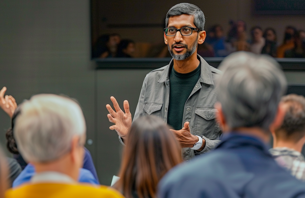 MidJourney-generated image of Google CEO Sundar Pichai talking to an audience to demonstrate the learnings from Big Tech's Q2 2024 earnings calls.