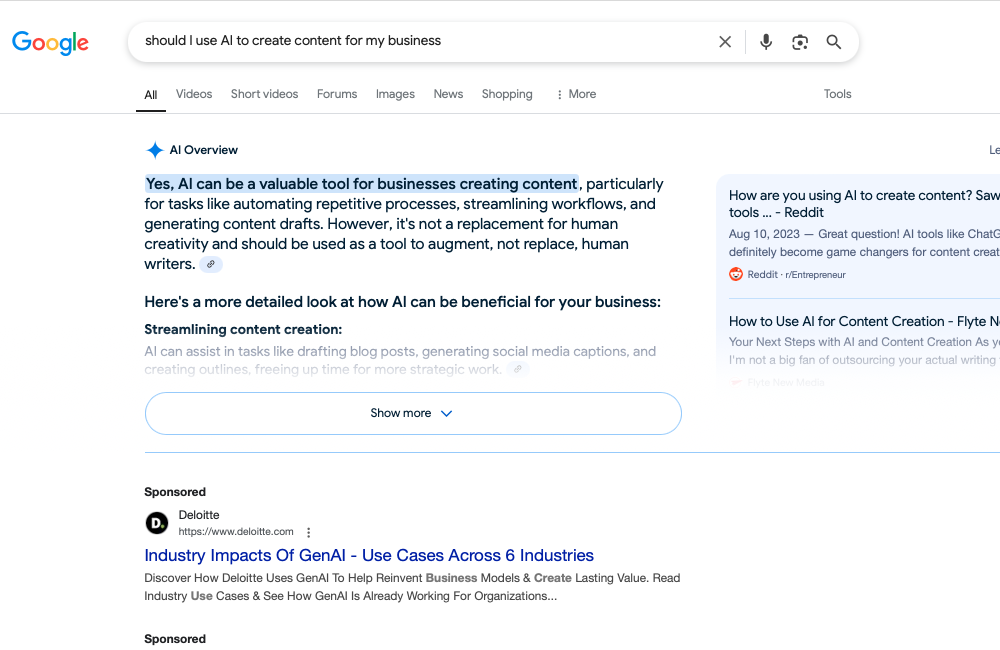 Screenshot of Google search results asking if you should use AI to create content