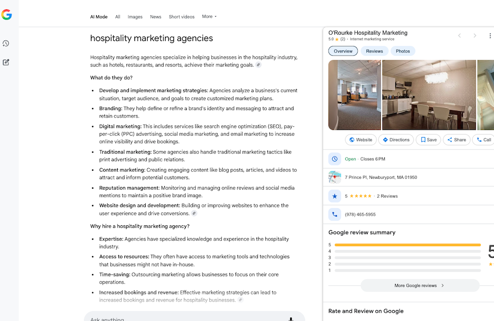 Screenshot of Google AI Mode linking to Google Business Profile Page — not company website — to illustrate the idea that Google is closing the gate on marketers