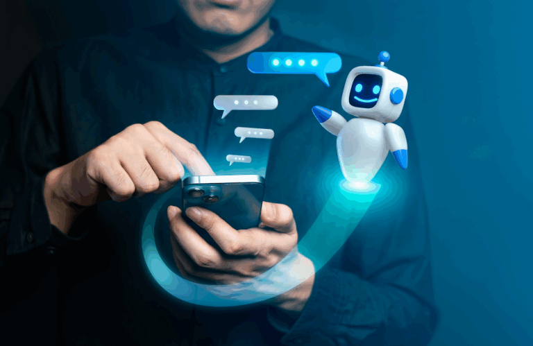 Photo/illustration of man interacting with AI agent on mobile to convey the idea that the brand is the prompt