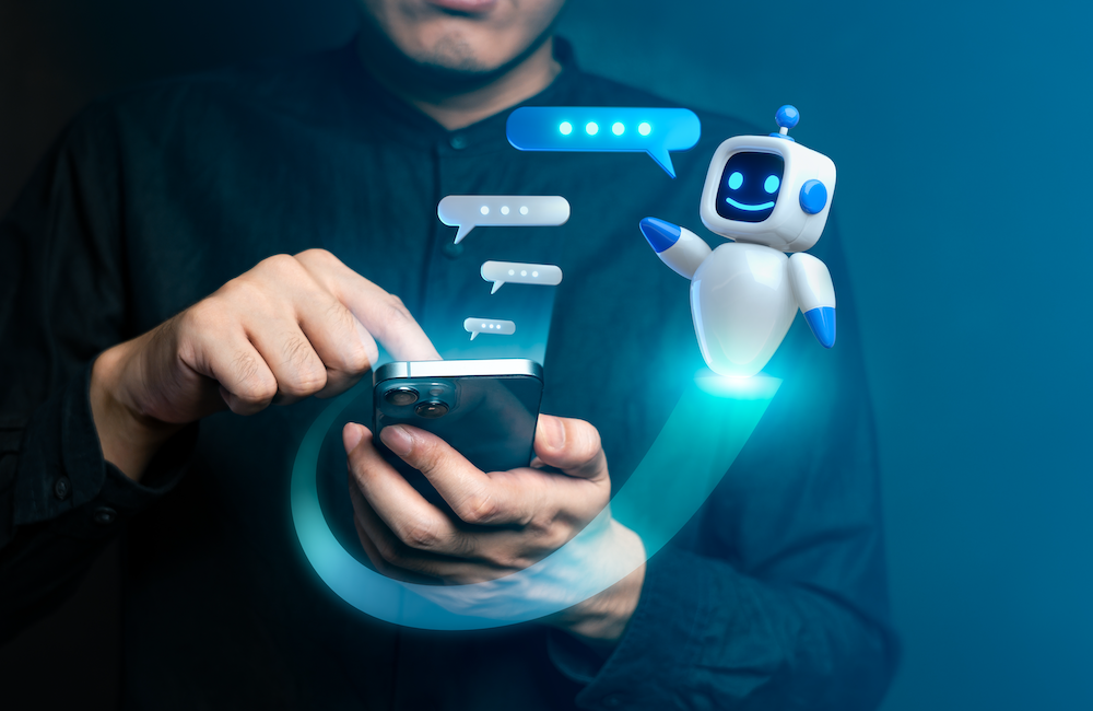 Photo/illustration of man interacting with AI agent on mobile to convey the idea that the brand is the prompt
