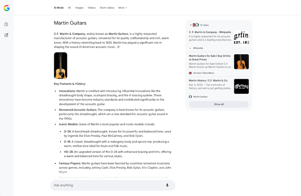 Screenshot of Google AI Mode results for "Martin Guitars" with essentially no links to Martin's website to illustrate that Google is closing the gate on marketers